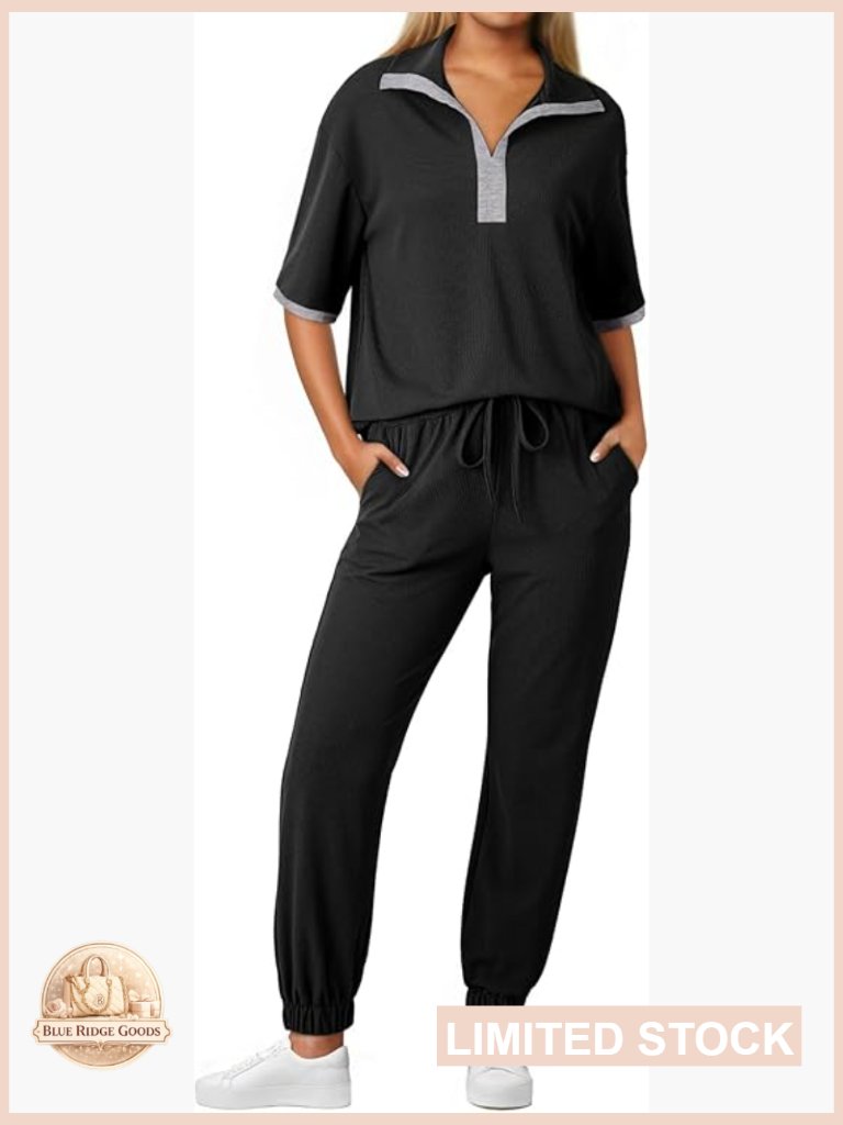 V-Neck Short Sleeve Tracksuit Lounge Jogger Set With Pockets Chic Active Wear